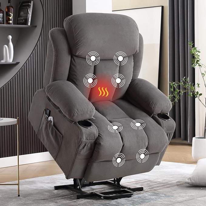 Power Lift Recliner Chair for Elderly with Vibration Massage and Lumbar Heating, Electric Lift Recliner Single Sofa with Side Pocket, Two Cup Holders and USB Charge Port for Living Room