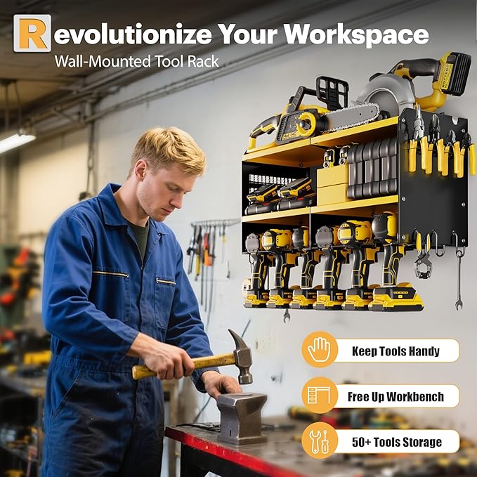 Large Power Tool Organizer Wall Mount with Charging Station, 3 Layer Heavy Duty Metal Tool Storage Rack Loads 420lbs with 6 Cordless Drill Holder, Utility Rack Loads with 4 Power Strip