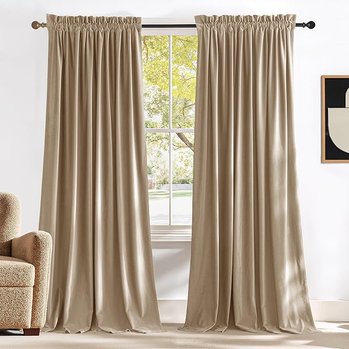 NICETOWN Beige Velvet Curtains 84 inches 2 Panels Set, Thermal Insulated Heavy Matt Rod Pocket Room Darkening Drapes, Privacy Protect Panels for Living Room