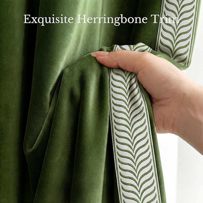NICETOWN Rod Pocket Embroidered Trim Velvet Curtains, 2 Panels, Olive Green, 52" Wide, Thick Heavy Thermal Insulated Window Drapes 84 Inch Long for Bedroom/Living Room, Elegant Home Decor