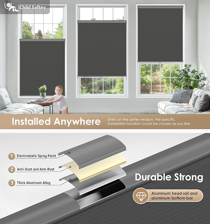 LazBlinds No Tools No Drill Cordless Cellular Shades, Blackout Light Blocking Honeycomb Shades for Home, Thermal Insulation Blinds for Windows, 26" W x 48" H, Black
