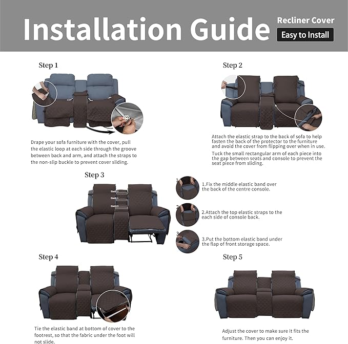 Easy-Going Loveseat Recliner Cover with Console, Reversible Couch Cover for Living Room, Split Sofa Cover for Each Seat with Elastic Straps for Kids, Dogs, Pets(2 Seater, Chocolate/Beige)