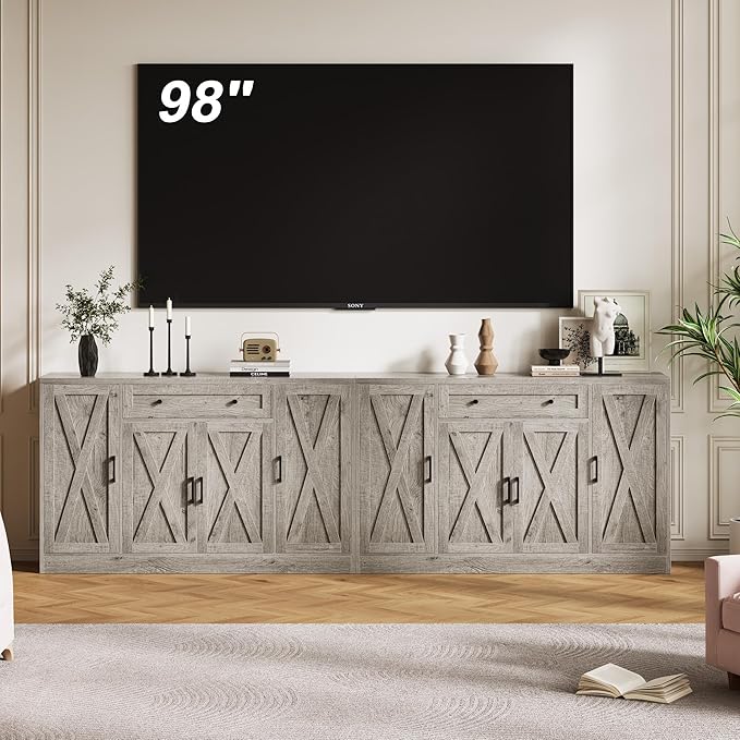 Buffet Cabinet with Storage, 55" Large Sideboard Storage Cabinet with Drawer, 4 Doors and Shelves, Modern Farmhouse Coffee Bar Table Kitchen Island Credenza for Kitchen, Entryway, Dining, Living Room