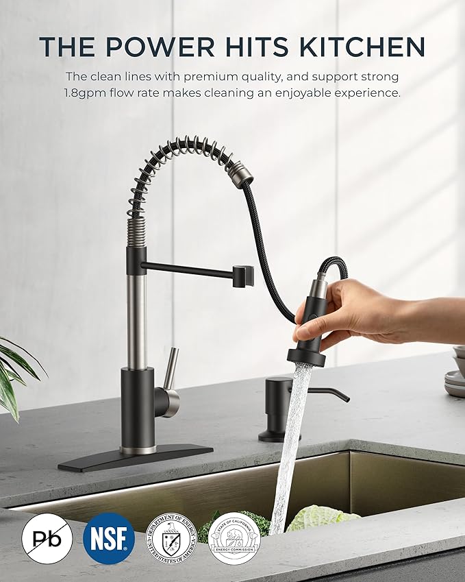 FORIOUS Kitchen Faucet with Soap Dispenser, Stainless Steel Spring Sink Faucet with Pull Down Sprayer Transitional Single Handle for Pot Filler, Farmhouse Camper Bar Laundry Room, Black Brushed