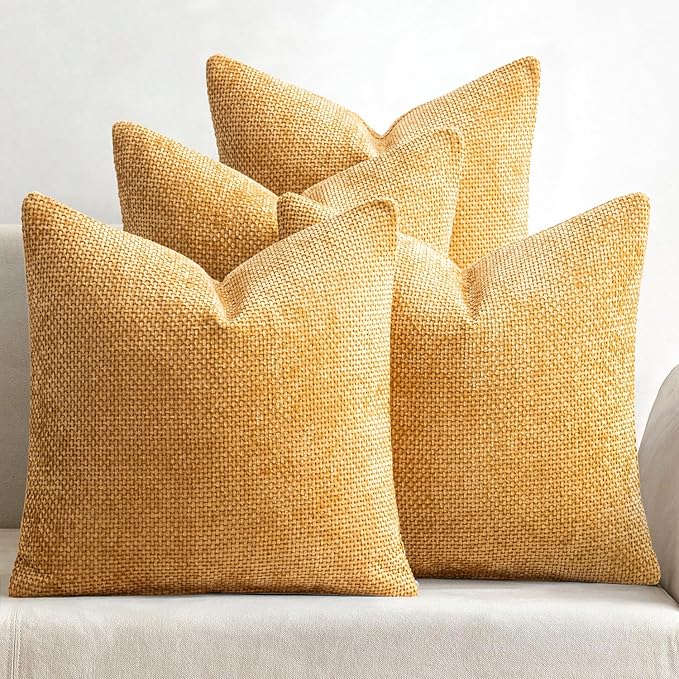 MIULEE Pack of 4 Couch Throw Pillow Covers 18x18 Inch Gold Soft Decorative Chenille Pillow Covers Farmhouse Accent Cushion Covers for Boho Spring Home Decor Sofa Bedroom Living Room