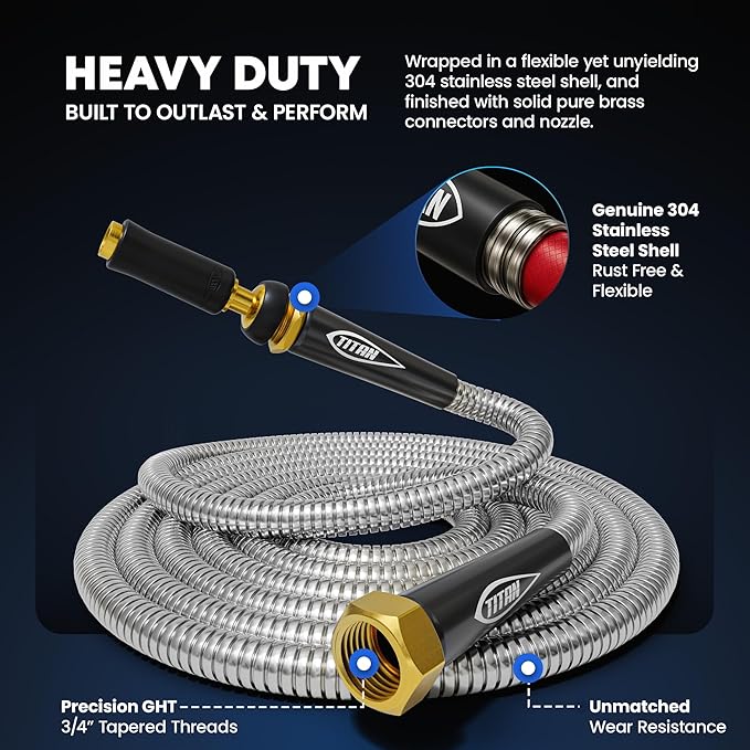 TITAN Garden Hose 65FT - 304 Stainless Steel Metal Water Hose, Flexible, Kink-Free, Lightweight, Durable, Crush Resistant Fittings, Easy to Coil, 500 PSI