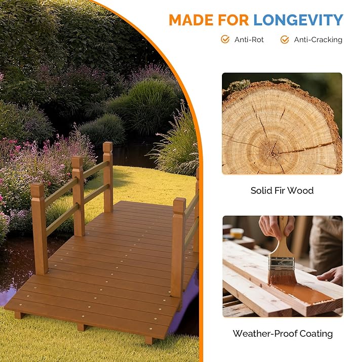 VINGLI Garden Bridge, Classic Wooden Bridge with Safety Rails, Decorative Arhced Footbridge for Patio Pond, Creek, Pathway(Brown, 5 ft)