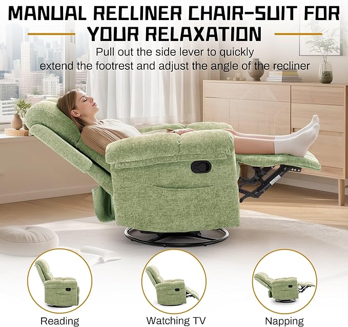 Recliner Chair, Swivel Rocker Recliner Chair for Adults, Small Recliners for Small Spaces, Upholstered Manual Recliner with Side Pockets, Nursery Rocking Chair for Living Room, Chenille, Green