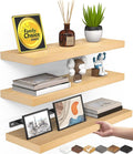 BAYKA Floating Shelves for Wall, Wall Mounted Rustic Wood Shelves for Bathroom, Bedroom, Living Room, Kitchen,Small Hanging Shelf for Books/Storage/Room Decor (Light Oak-Toned, Set of 3, 15.7in)