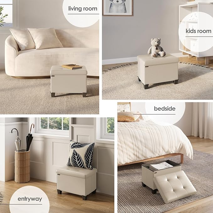 Storage Ottoman Cube with Small Bin, 16-in Square Ottoman with Storage for Living Room and Bedroom, Small Ottomans Foot Rest, Leather Foot Stools Ottomans Max 330lbs, Beige