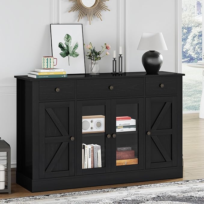 4 EVER WINNER 55" Coffee Bar with 4 Glass Doors and 3 Drawers, Sideboard Buffet Cabinet with Storage, Farmhouse Coffee Bar Cabinet with Adjustable Shelves for Kitchen, Dining Room, Black