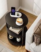 Small Round Side Table - 3-Tier Oval Accent Table for Small Spaces, Rustic Wood and Metal Nightstand for Living Room or Bedroom, Built-in USB Ports and Power Outlet, Charcoal Wenge