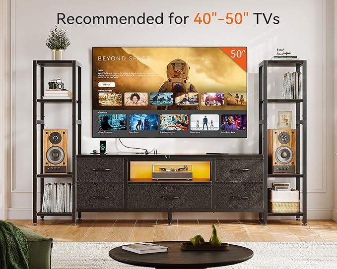 Casaottima TV Stands for 40/43/50 Inch TV, Entertainment Center with LED Lights & Power Outlets, TV Stand Living Room with 5 Fabric Drawers, TV Console Cabinet for Bedroom, Black