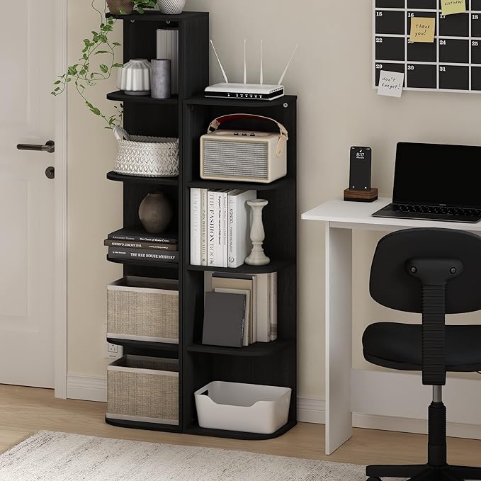 Furinno PASIR Book Shelf, 5-Tier Corner Bookshelf with Open Shelf, Standing Bookcase, 9.3 x 12 x 51.7, for Organization and Storage, for Living Room, Bedroom, Home Office, Blackwood