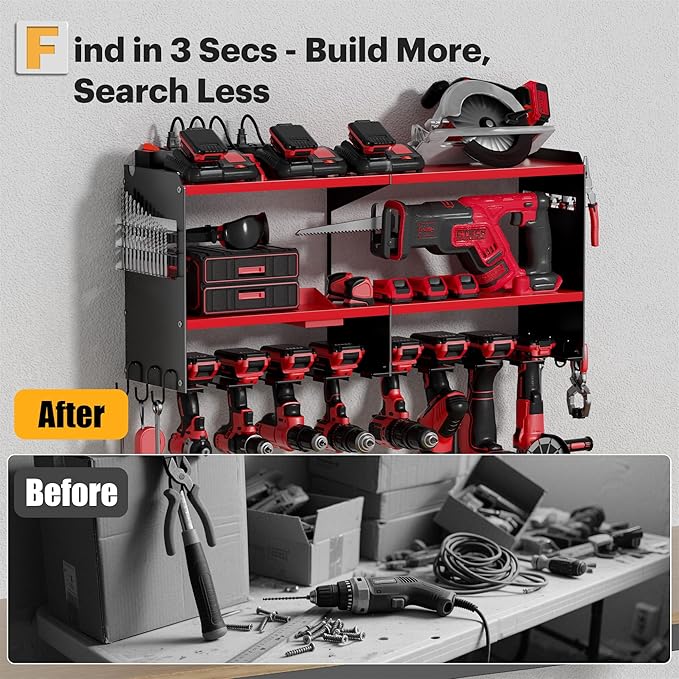 Power Tool Organizer Wall Mount with Charging Station, 15 Min Assembly & Maximum 420lbs Load by Heavy Duty Metal, 8 Slots for Cordless Drill, Tool Battery Holder with 6 Outlet Power Strip