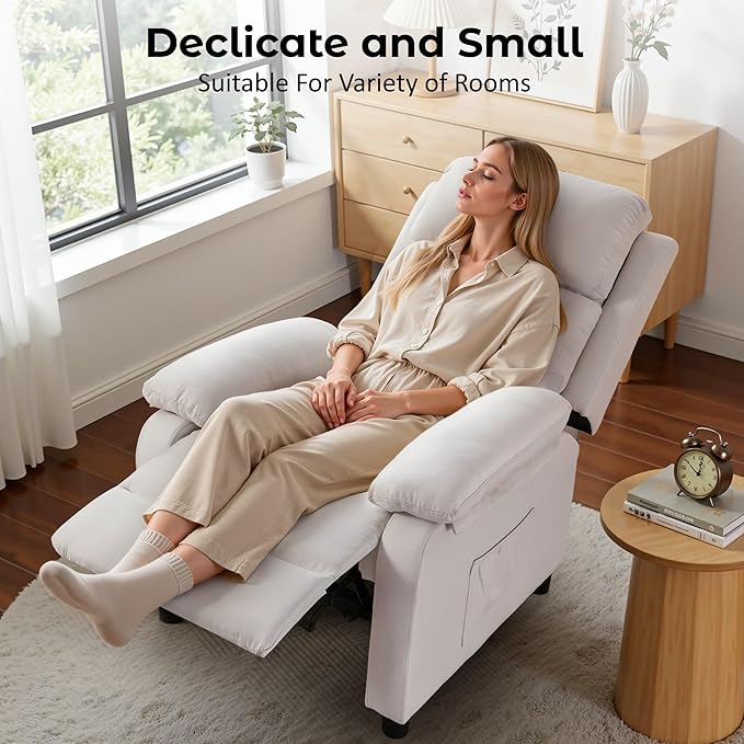 Recliner Chair, Reading Chair for Adults with Side Pockets, Recliners with Padded Deep Seat, Small Recliners for Small Spaces, Linen Fabric Comfy Chair for Bedroom, Living Room, and RV