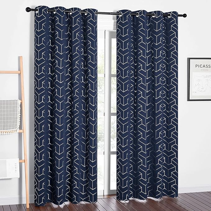 NICETOWN Blackout Curtain Panels 84 inches Long, Window Treatment Foil Printed Diamond Pattern Thermal Insulated Grommet Blackout Drapes for Living Room/Office/Guest Room(Navy, 1 Pair, 52 inches Wide)