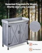 VEVOR Potting Bench Table, Outdoor Gardening Wooden Storage Cabinet with 36 x 16 in Galvanized Iron Tabletop, Garden Planting Workstation with Large Storage Space, 4 Casters for Patio, Backyard, Gray