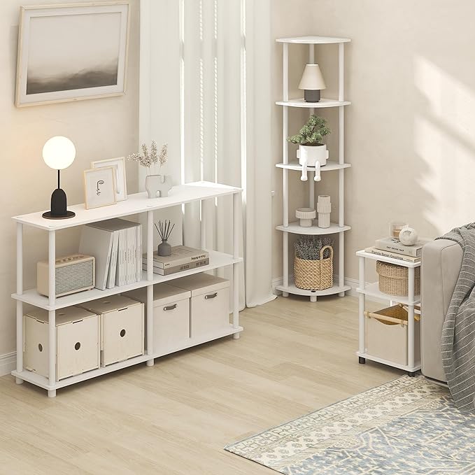 Furinno Turn-N-Tube Side Table, 3-Tier End Table with Open Shelf, Toolless Assembly Night Stand, Bedside Table, for Living Room, Bedroom, White