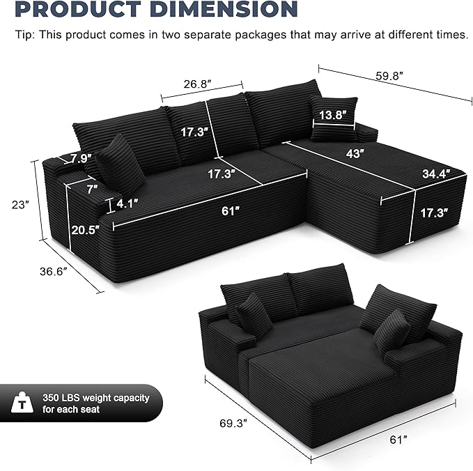 Cloud Sectional Sofa, Boneless Couch for Living Room, Modular Sectional Sofa with Deep Seat, Fluffy L-Shaped Comfy Couch with Right-Facing Chaise, No Assembly Required, Black