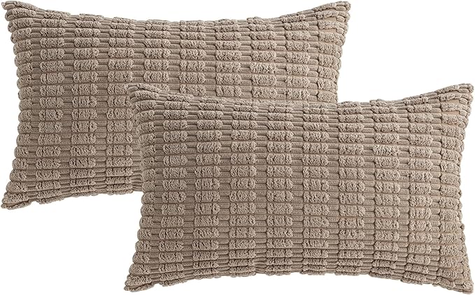 MIULEE Pack of 2 Corduroy Decorative Lumbar Throw Pillow Covers 24x14 Inch Soft Boho Striped Pillow Covers Modern Farmhouse Home Decor for Sofa Living Room Couch Bed Light Brown