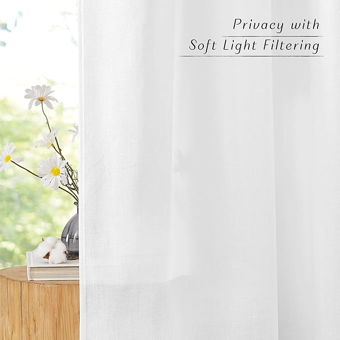 NICETOWN Linen White Curtains 96 inches Long for Farmhouse, Grommet Thick Linen Flax Drapes Privacy Added with Light Filtering Window Treatments for Bedroom/Living Room, W55 x L96, 2 Panels