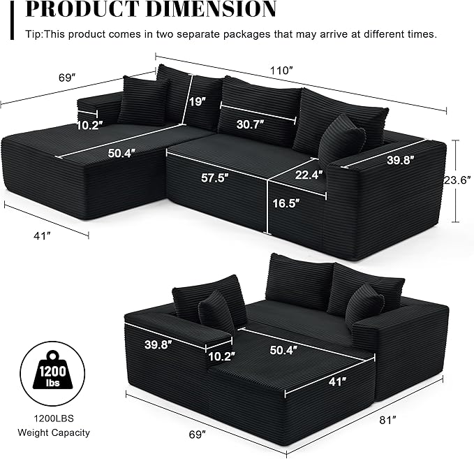 110” Cloud Sectional Couch, Boneless Sofa for Living Room, Modular Sectional Sofa with Deep Seat, Comfy Fluffy Couch with L-Shaped Chaise, No Assembly Required (Left-Facing Chaise, Black)