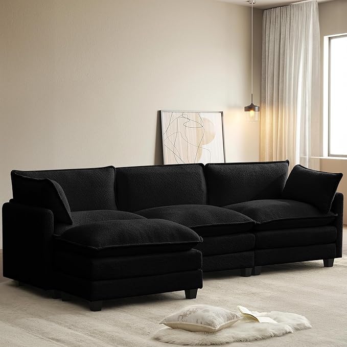 ROWHY 112'' Modular Sectional Cloud Couch with Movable Ottoman, 4 Seat Modern Chenille Sofa with 2 Throw Pillows, Deep Seat L Shaped Couch for Living Room Bedroom Apartment, Black | Arrange Freedom, Pet-Friendly Fabric, Sturdy Frame, Ultimate Comfort, ...