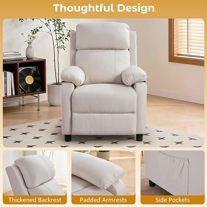 Recliner Chair, Reading Chair for Adults with Side Pockets, Recliners with Padded Deep Seat, Small Recliners for Small Spaces, Linen Fabric Comfy Chair for Bedroom, Living Room, and RV