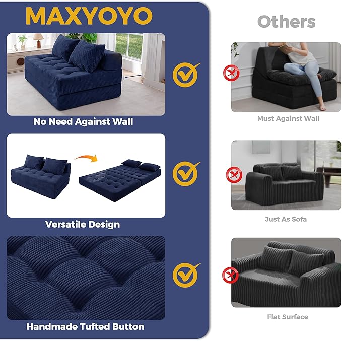 MAXYOYO Folding Sofa Couch, Convertible Floor Sleeper Couch with 2 Pillows, Tufted Floor Loveseat Couch Tufted Fold Out Chair Bed Comfy Sofa Lounge for Living Room Bedroom, Navy
