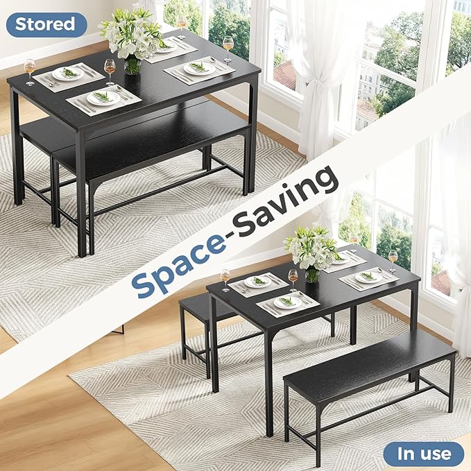 DUMOS Dining Table, Dining Table Set for 4 with Bench, Easy to Assemble Kitchen Table, Space-Saving Ideal 4-Person Set for Dining Room Kitchen Apartment Corner Black 3 Pack