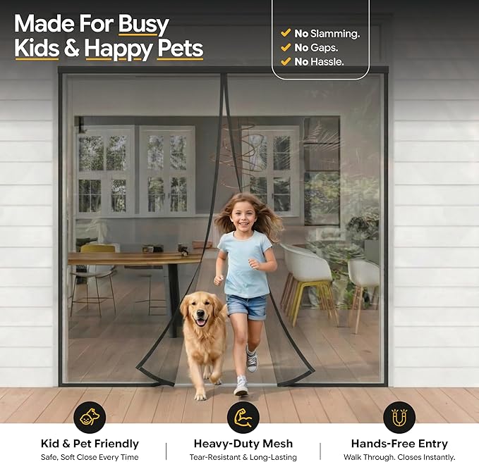 AUGO Magnetic Screen Door - Self Sealing, Heavy Duty, Hands Free Mesh Partition Keeps Bugs Out - Pet and Kid Friendly - Patent Pending Keep Open Feature - 74 Inch x 81 Inch