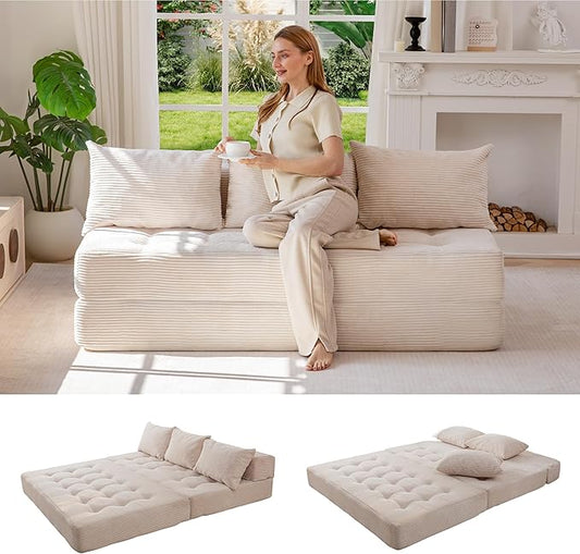 MAXYOYO Folding Sofa Couch, Convertible Floor Sleeper Couch with 2 Pillows, Tufted Floor Oversized Loveseat Couch Tufted Fold Out Chair Bed Comfy Sofa Lounge for Living Room Bedroom, Beige