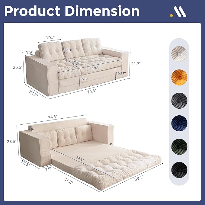 MAXYOYO Convertible Sofa Bed, Pull Out 3 Seater Sleeper Sofa, 2 in 1 Folding Couch Bed, Fold Out Floor Couch with Pillows for Living Room Bedroom Lounge, Beige