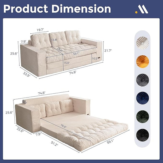 MAXYOYO Convertible Sofa Bed, Pull Out 3 Seater Sleeper Sofa, 2 in 1 Folding Couch Bed, Fold Out Floor Couch with Pillows for Living Room Bedroom Lounge, Beige