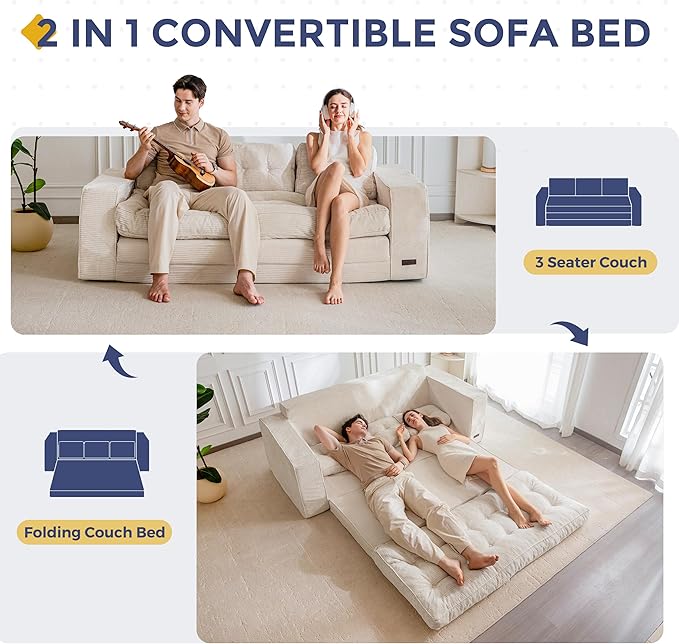 MAXYOYO Convertible Sofa Bed, Pull Out 3 Seater Sleeper Sofa, 2 in 1 Folding Couch Bed, Fold Out Floor Couch with Pillows for Living Room Bedroom Lounge, Beige