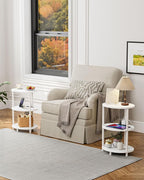Small Round Side Table - 3-Tier Oval Accent Table for Small Spaces, Rustic Wood and Metal Nightstand for Living Room or Bedroom, with Built-in USB Ports and Power Outlet, Marble White