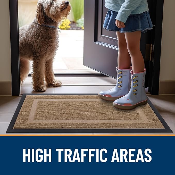 OLANLY Front Door Mat Indoor Outdoor Entrance, Waterproof All-Season, All-Weather Doormat, Sturdy Natural Rubber, Fade Resistant, Low Profile, Easy Clean Patio Porch Entryway Mat, 47x30, Light Borwn
