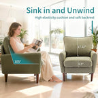 OLIXIS Comfy Accent Chair for Living Room Bedroom and Waiting Room, Upholstered Mid-Century Reading Chair with Pillow and Solid Wood Legs, Wide Singe Modern Lounge Sofa (Green, 2 Pack)