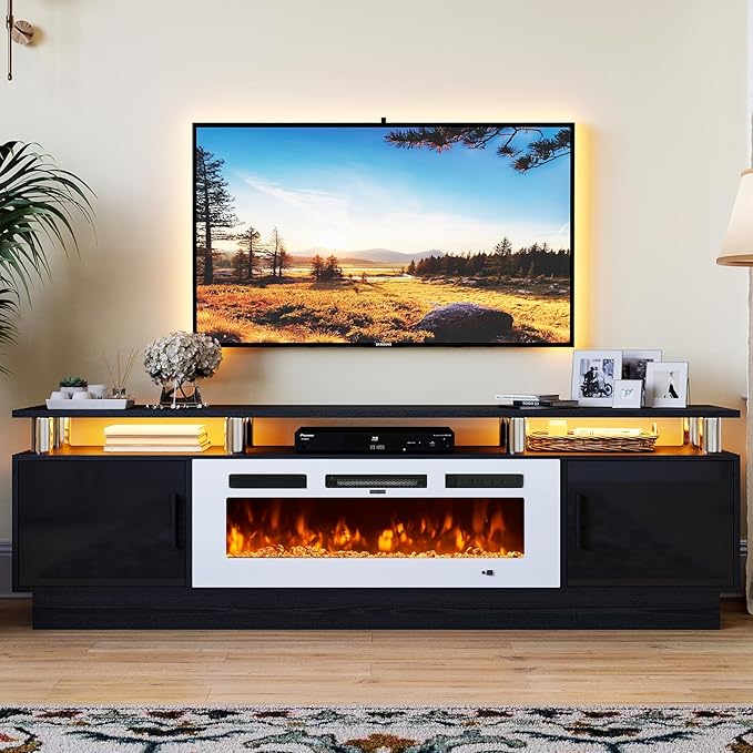 70" TV Stand for Living Room, Modern Entertainment Center & Media Console, Fits TVs up to 80", Storage Cabinet with Shelves, 36" Electric Fireplace with LED Flame