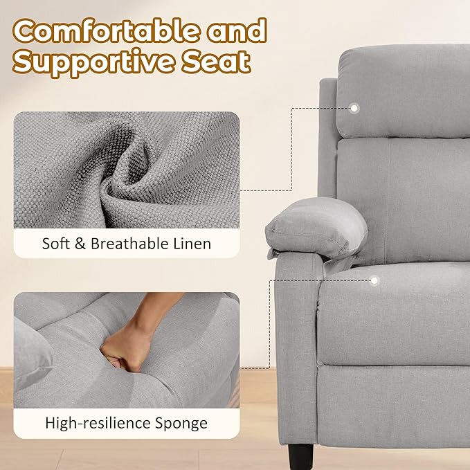 Recliner Chair, Reading Chair for Adults with Side Pockets, Recliners with Padded Deep Seat, Small Recliners for Small Spaces, Linen Fabric Comfy Chair for Bedroom, Living Room, and RV