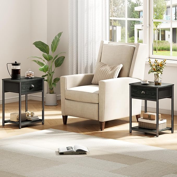 Furologee Nightstands Set of 2, Industrial End Table with Fabric Drawer&Storage Shelf, Small Bedside Table Organizer for Small Space for Living Room, Tall 23.6" Night Stand for Bedroom, Black Oak