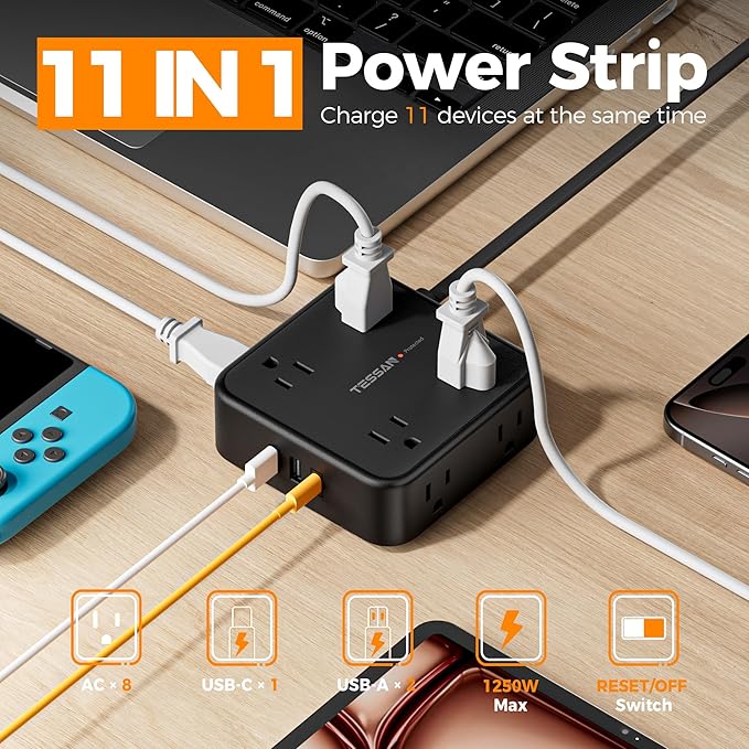 TESSAN Surge Protector Power Strip, 10 Ft Flat Plug Extension Cord with 3 USB (1 USB C) 8 Outlets, 1250W, 900J Protection, 3 Sided Outlet Extender with Power Switch for Office, Dorm Room, Black