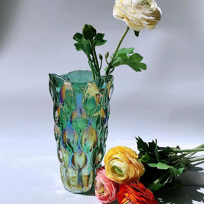 Unbreakable Flower Glass Vase 3.5lb 9.5inch Sparkle vase Bohemian Style, for Centerpieces,Kitchen,Office, Living Room,Wedding,Perfect Home Decor Glass Vase (Sparkle Green)