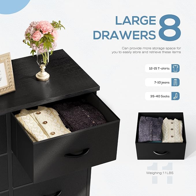 Dresser for Bedroom with 8 Drawers, Anti-Tip Tall Fabric Chests Storage Organizer Tower Furniture with Wooden Top Metal Frame for Clothes, Closet, Living Room, Hallway, Entryway