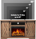 AMERLIFE Fireplace TV Stand with Sliding Barn Door for TVs up to 65", Farmhouse 59" Fireplace Entertainment Center with Storage Cabinets/Adjustable Shelves, Barnwood