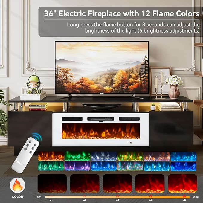 70" TV Stand for Living Room, Modern Entertainment Center & Media Console, Fits TVs up to 80", Storage Cabinet with Shelves, 36" Electric Fireplace with LED Flame