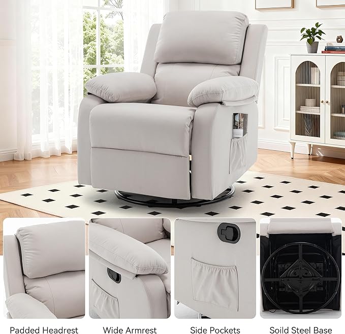 Recliner Chair, 360 Swivel Rocker Chair for Adults, Small Rocking Recliner for Small Spaces, Upholstered Fabric Glider Recliner Nursery (Swivel Rocker Recliner, Off White)