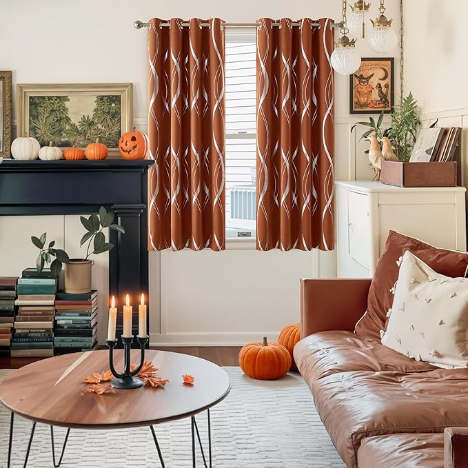 NICETOWN Fall Burnt Orange Blackout Curtain Panels for Living Room, W52 x L72 inch, Soundproof Heat Blocking Wave Line Foil Print Design Window Treatments for Small Cafe, 2 Panels