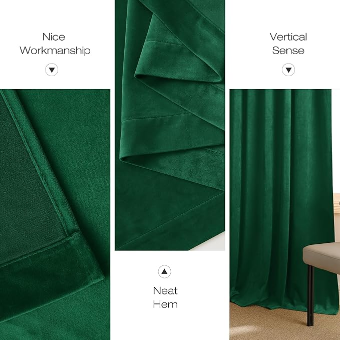 NICETOWN Emerald Green Velvet Curtains 96 inches Long (2 Panels, 52-inch Wide), Home Decoration Thermal Insulated Drapes for Forest Theme Kids Bedroom
